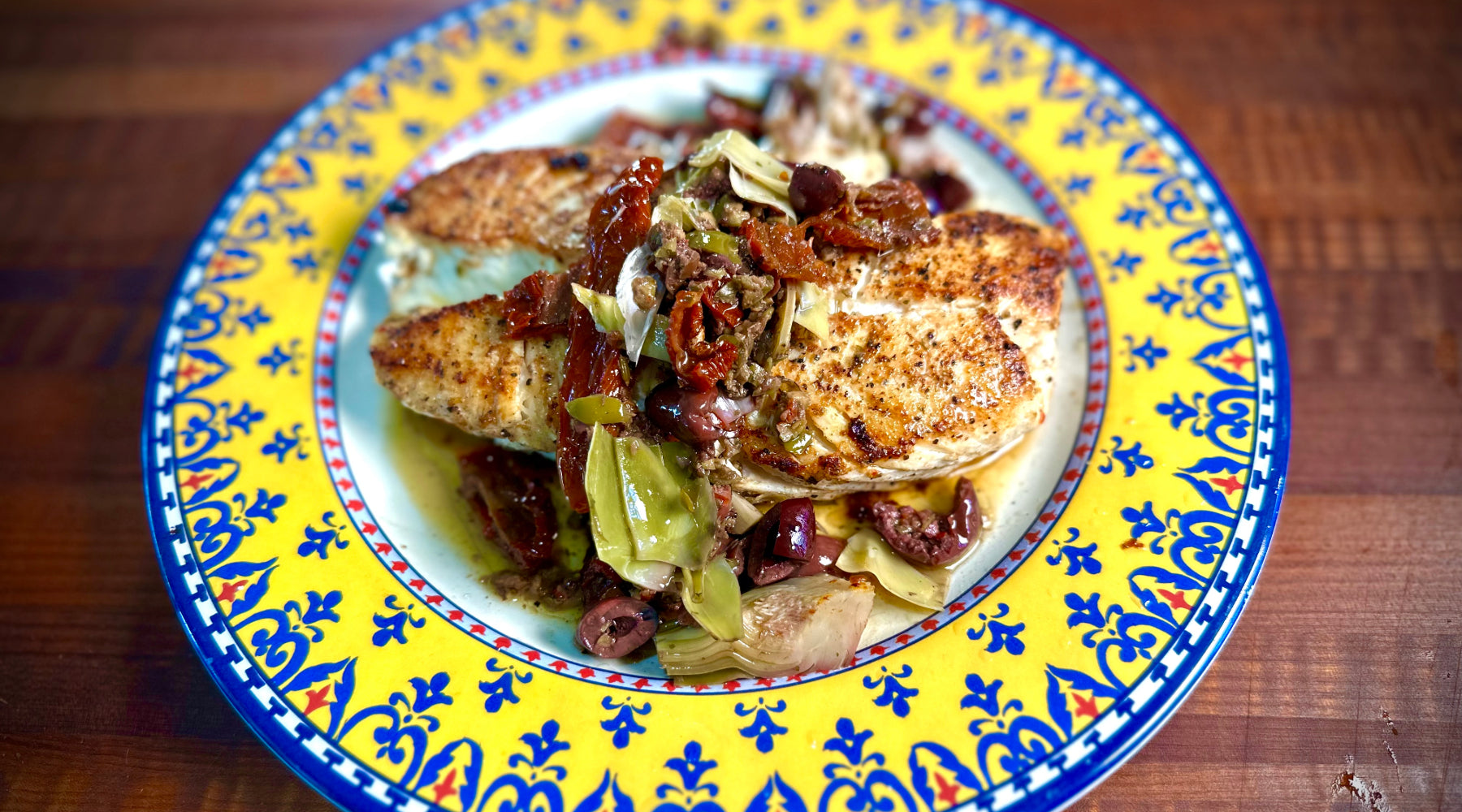 Colorful plate of halibut