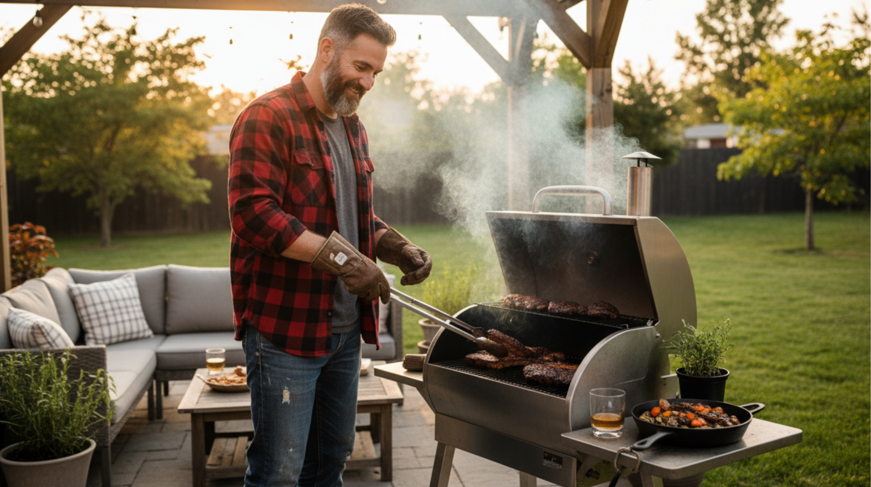Cooking on a pellet smoker in the backyard