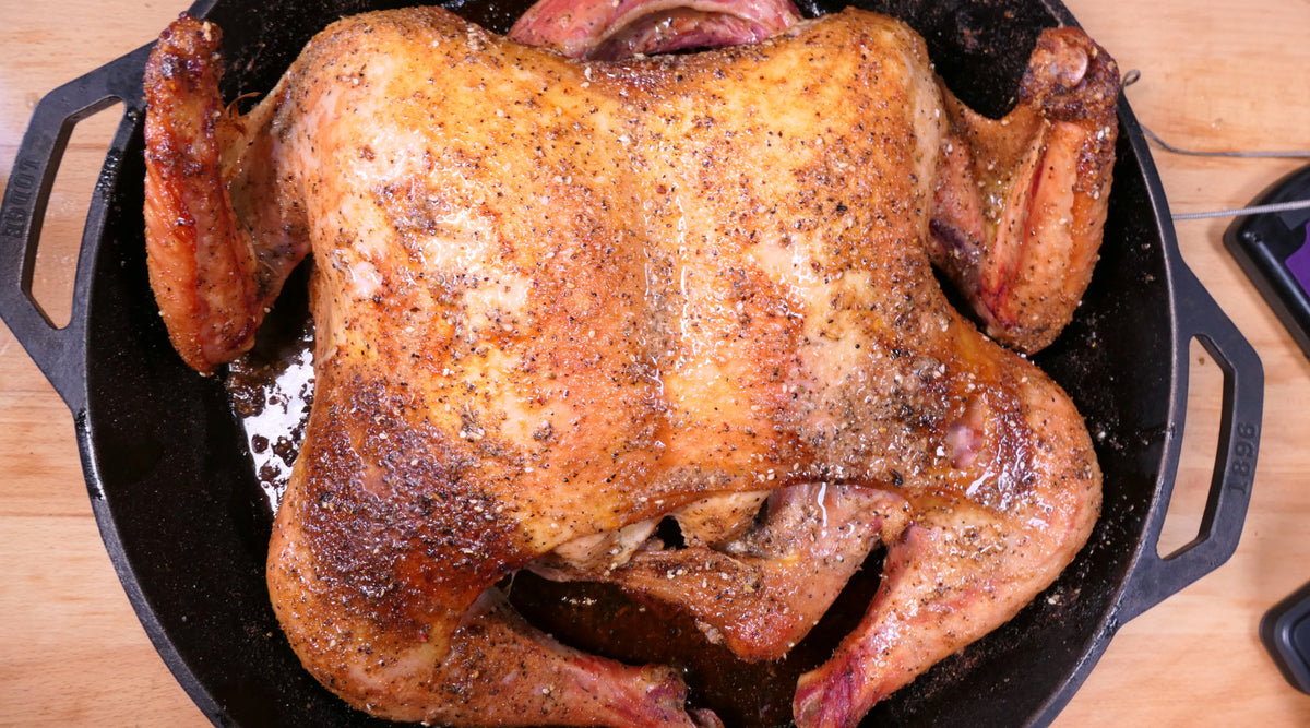 Spatchcock turkey in cast iron pan