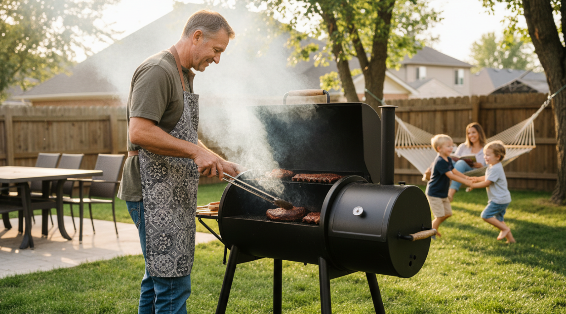 Father cooking on the grill in the backyard