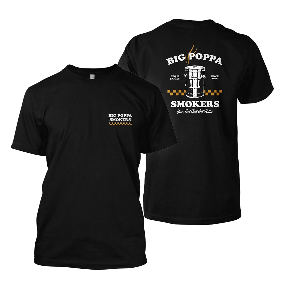 Black t-shirt with 'Big Poppa Smokers' graphic on a white background