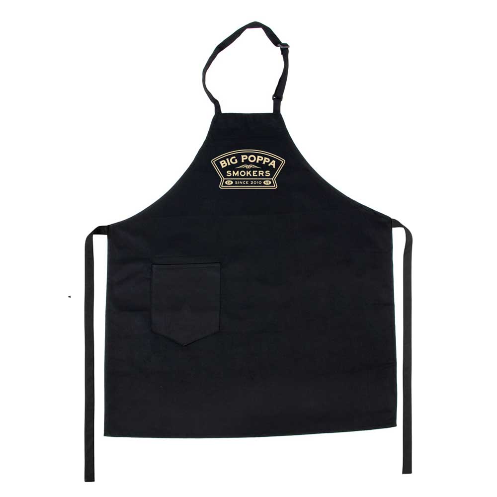 Black apron with Big Poppa Smokers logo on the middle of the chest