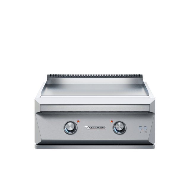 Twin Eagles 30-inch stainless steel Teppanyaki griddle with textured cooking surface and built-in control knobs