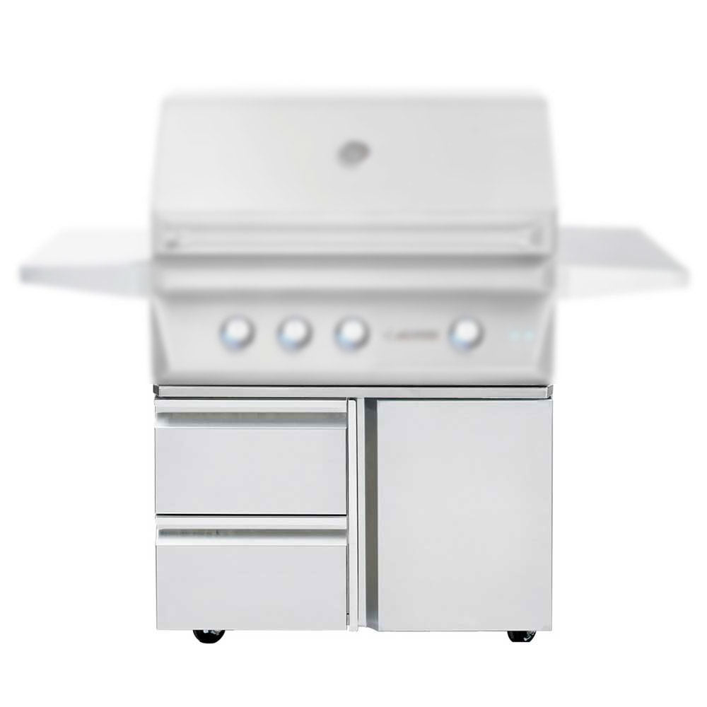 Twin Eagles 36-inch stainless steel gas grill base with two storage drawers and a single door, textured brushed finish