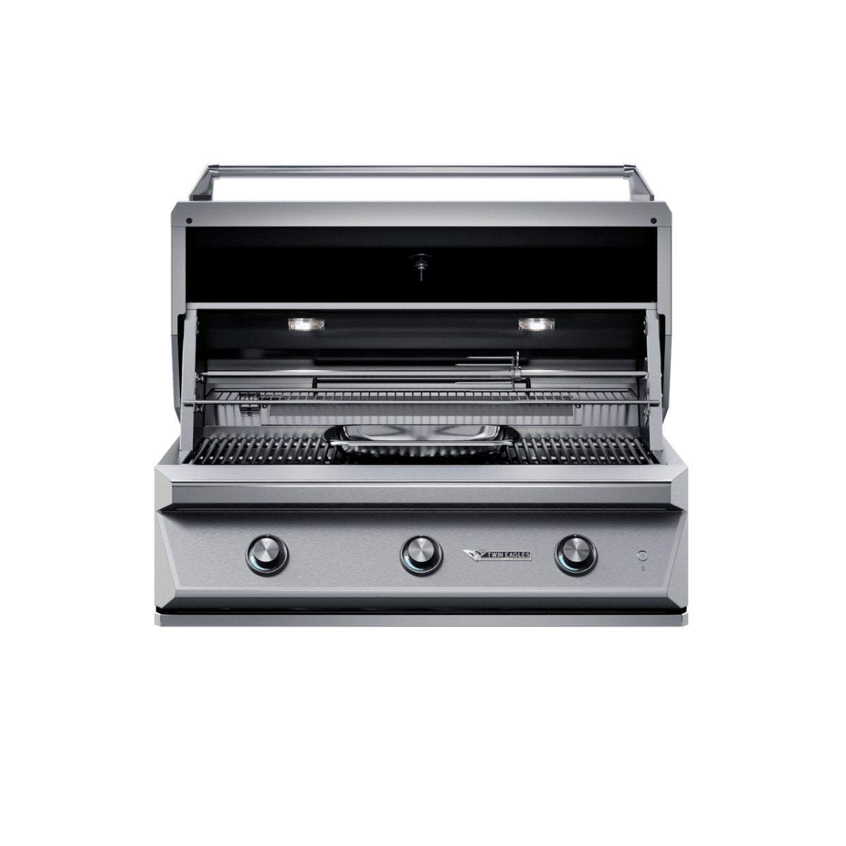 Close-up of stainless steel control panel with engraved knobs and built-in thermometer on 42" Twin Eagles Gas Grill