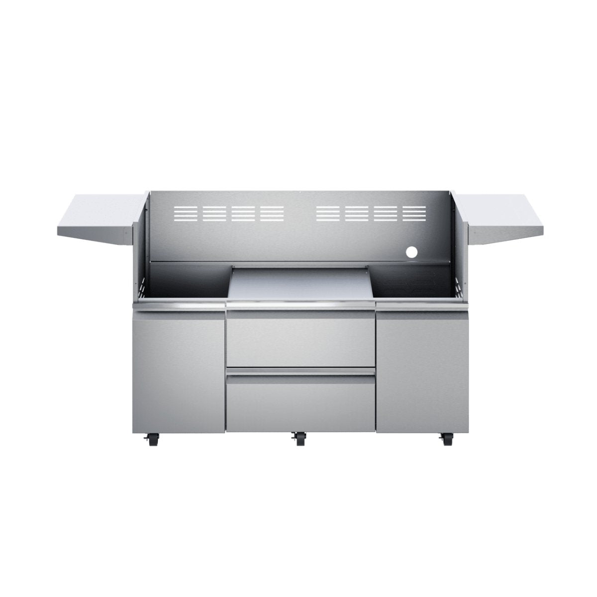 Twin Eagles 54-inch stainless steel gas grill base with two storage drawers and two doors, textured finish, heavy-duty