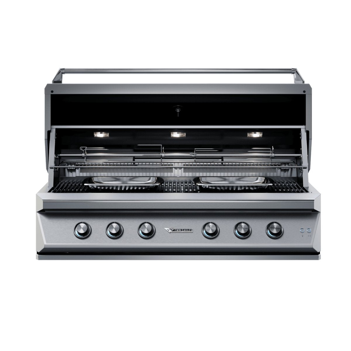 Close-up of the 54" Twin Eagles gas grill's control panel, showing stainless steel knobs and built-in infrared rotisserie