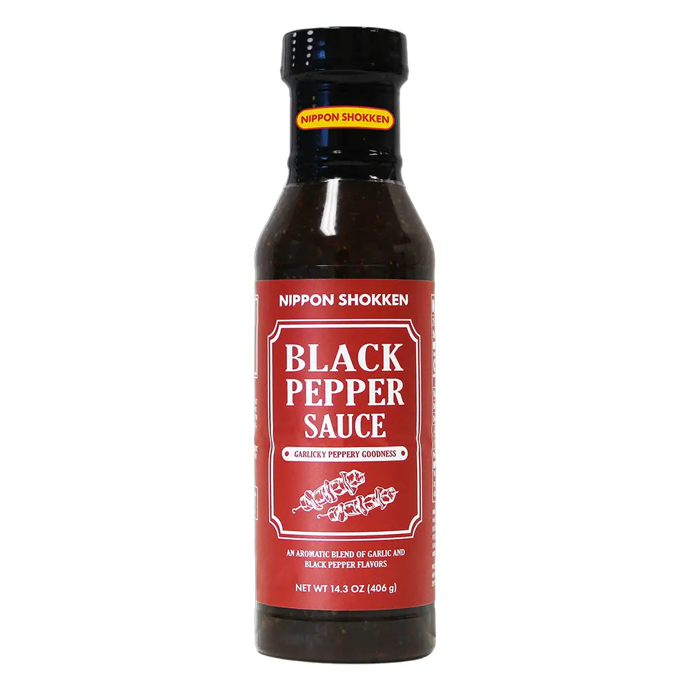 Nippon Shokken Black Pepper Sauce 14.3oz glass bottle with black pepper and soy-based ingredients for meats and vegetables