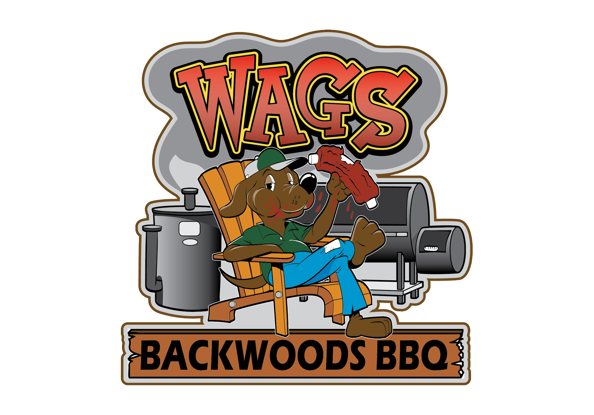 Logo of Wags Backwoods BBQ with a cartoon dog holding a hot dog.