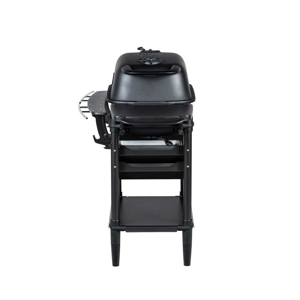 Close-up of stainless steel lid handle and textured black grip on the PK300AF smoker, highlighting durable build and