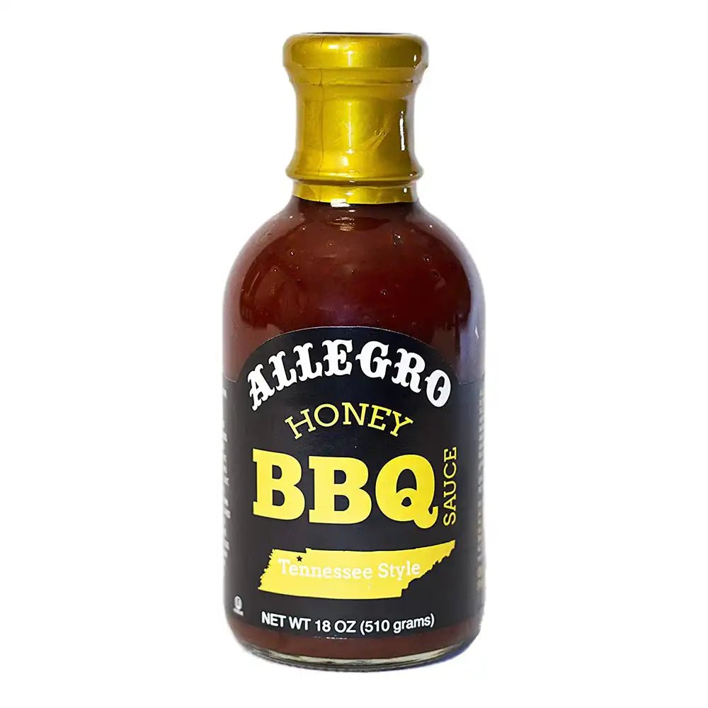 Allegro Honey BBQ Sauce 18oz bottle with golden honey color and rich, thick texture in clear plastic packaging
