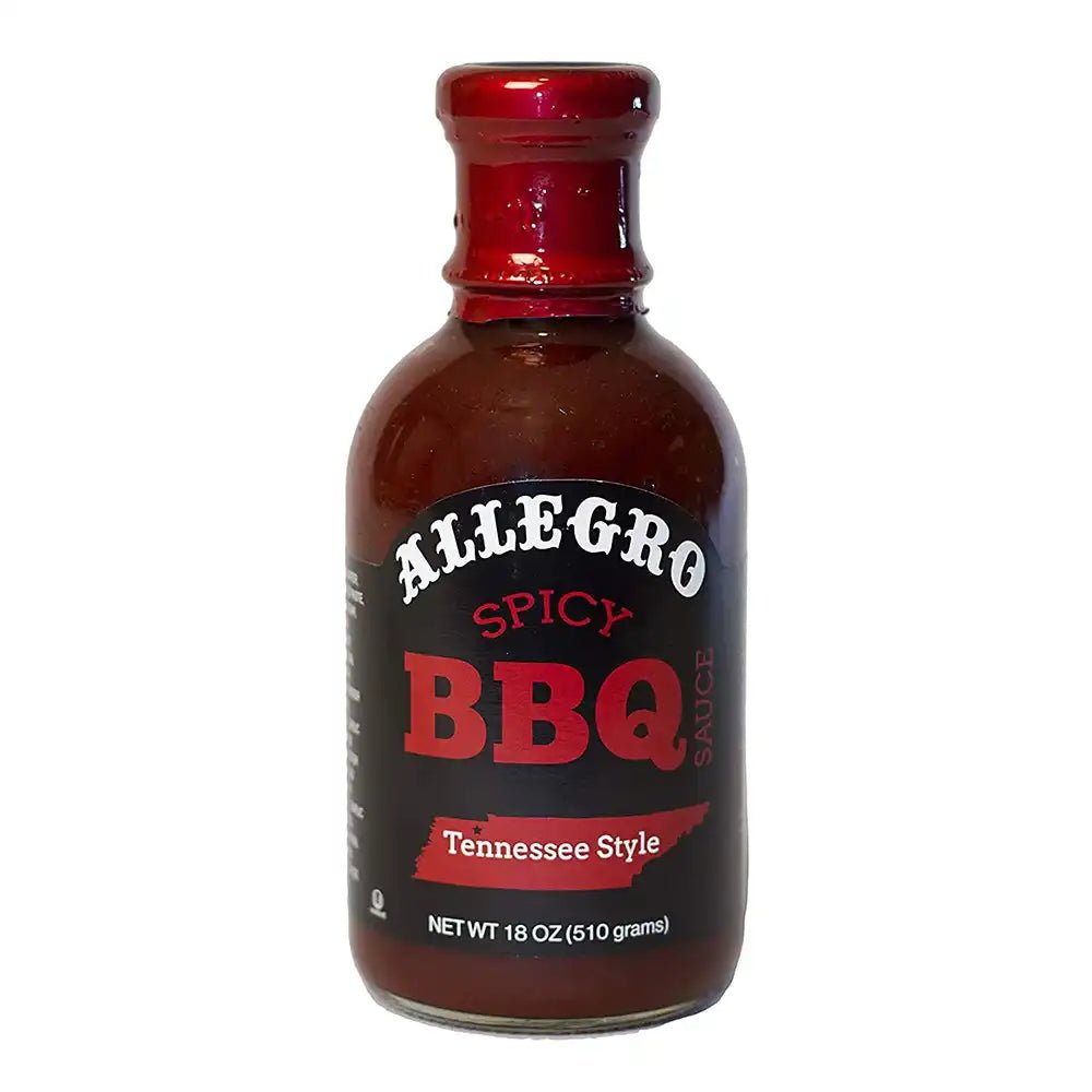 Allegro Spicy BBQ Sauce 18oz bottle with bold red and black label, featuring fiery chili peppers and smoky barbecue graphics