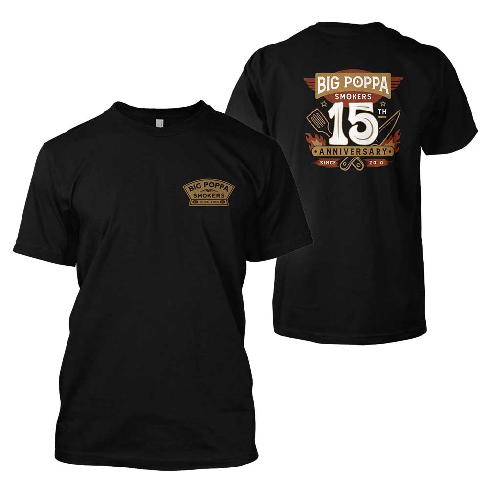 Big Poppa's 15th Anniversary T-Shirt in relaxed fit, heather grey cotton blend with bold anniversary graphic and ribbed crew