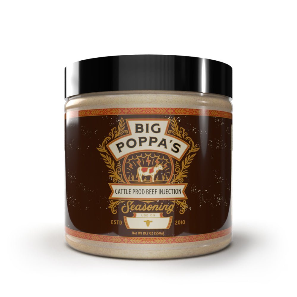 Big Poppa's Cattle Prod Beef Injection 19.7oz bottle with farm-raised, nutritional ingredients for enhanced beef flavor