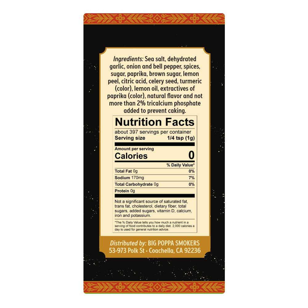 Close-up of Big Poppa's Double Secret Seasoning 14oz label highlighting hand-crafted ingredients and vibrant design details.