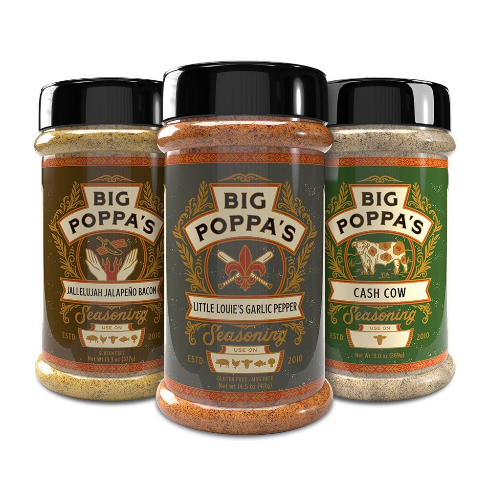 Big Poppa's Gourmet Burger Kit with hand-crafted rubs and sauces for beef, pork, poultry, seafood, and vegetables