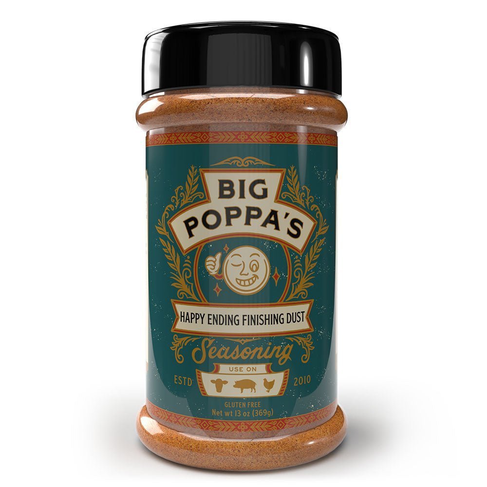 Big Poppa's Happy Ending Finishing Dust Seasoning 13oz jar with black lid, finely ground spice blend for beef, pork, and