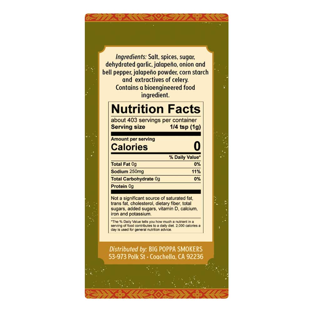 Close-up of the Big Poppa's Jallelujah Jalapeño Seasoning 14oz label highlighting handcrafted, farm-raised ingredients and