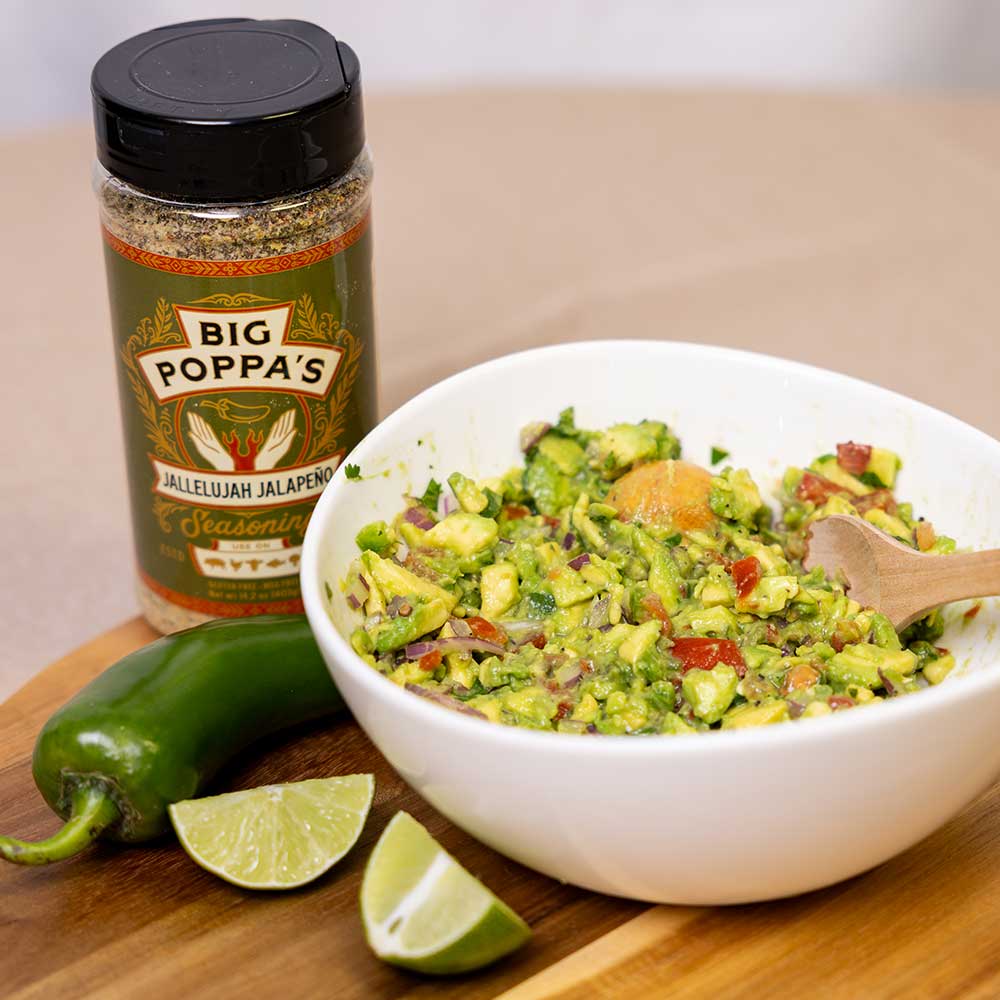 Close-up of the Big Poppa's Jallelujah Jalapeño Seasoning 14oz label highlighting natural ingredients and handcrafted design
