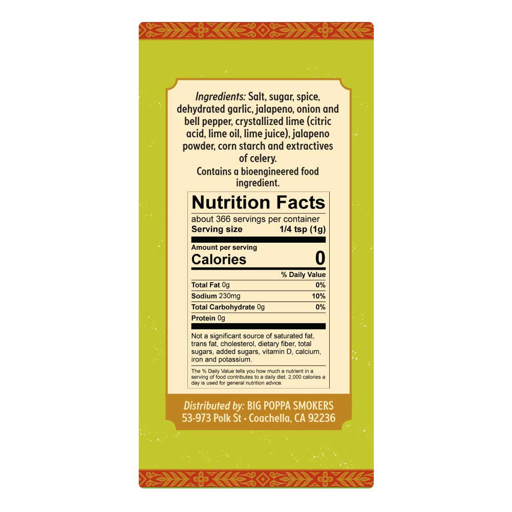 Close-up of Big Poppa's Jallelujah Lime Seasoning jar label featuring vibrant green and yellow design elements on a textured
