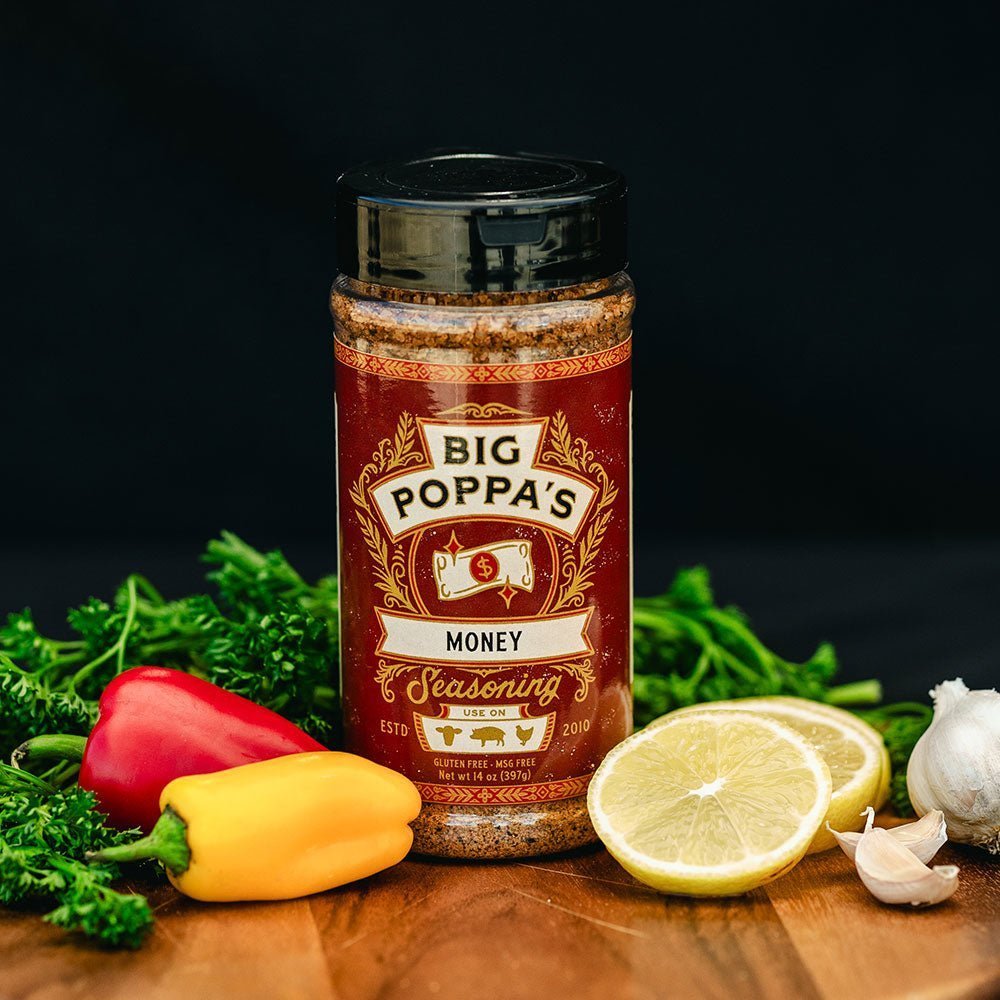 Close-up of Big Poppa's Money Seasoning 14oz label, highlighting gourmet ingredients and hand-crafted design on the packaging