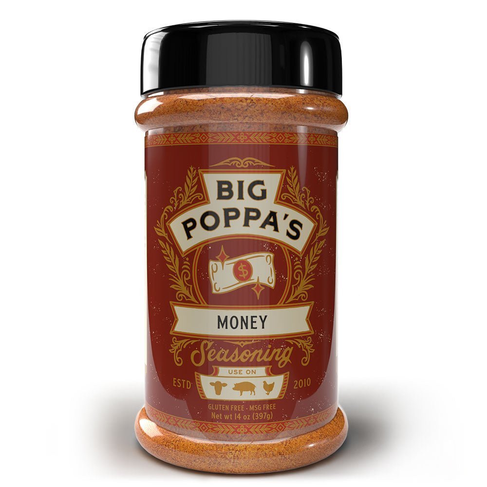 Big Poppa's Money Seasoning 14oz jar with black lid, featuring savory spice blend for beef, pork, and poultry grilling