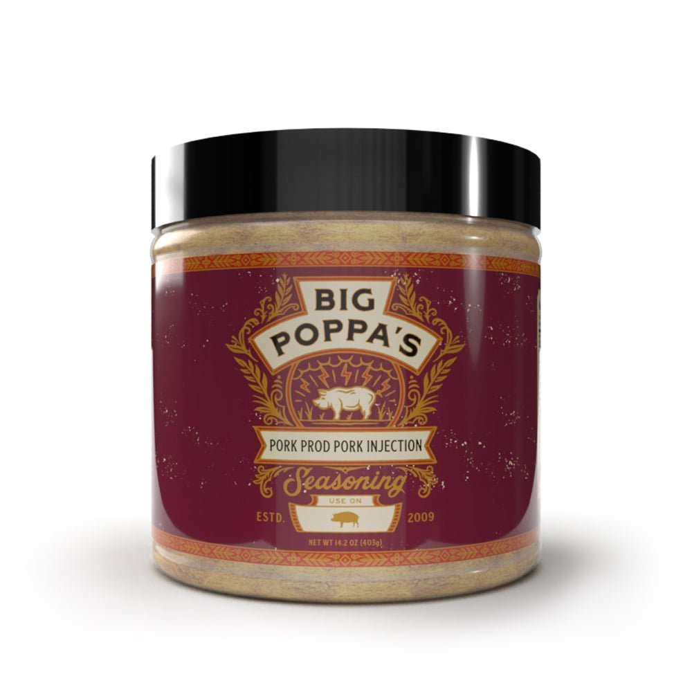 Big Poppa's Pork Prod Pork Injection 14.2oz bottle with black plastic cap and clear label displaying product name