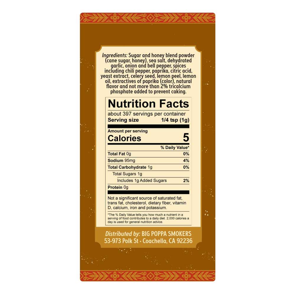 Close-up of Big Poppa's Sweet Money Seasoning 14oz label highlighting hand-crafted ingredients and vibrant logo design.