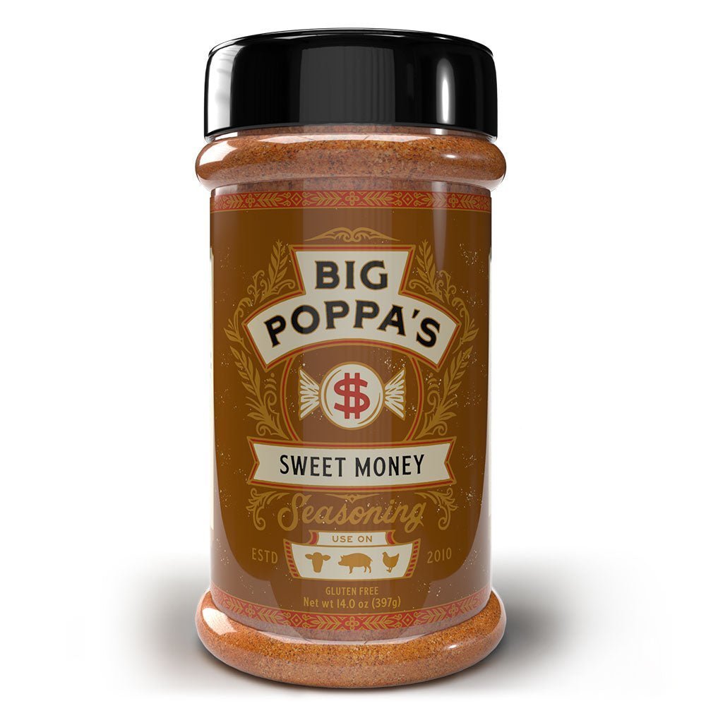 Big Poppa's Sweet Money Seasoning 14oz jar with bold red and gold label, crafted for flavoring beef, pork, and poultry dishes