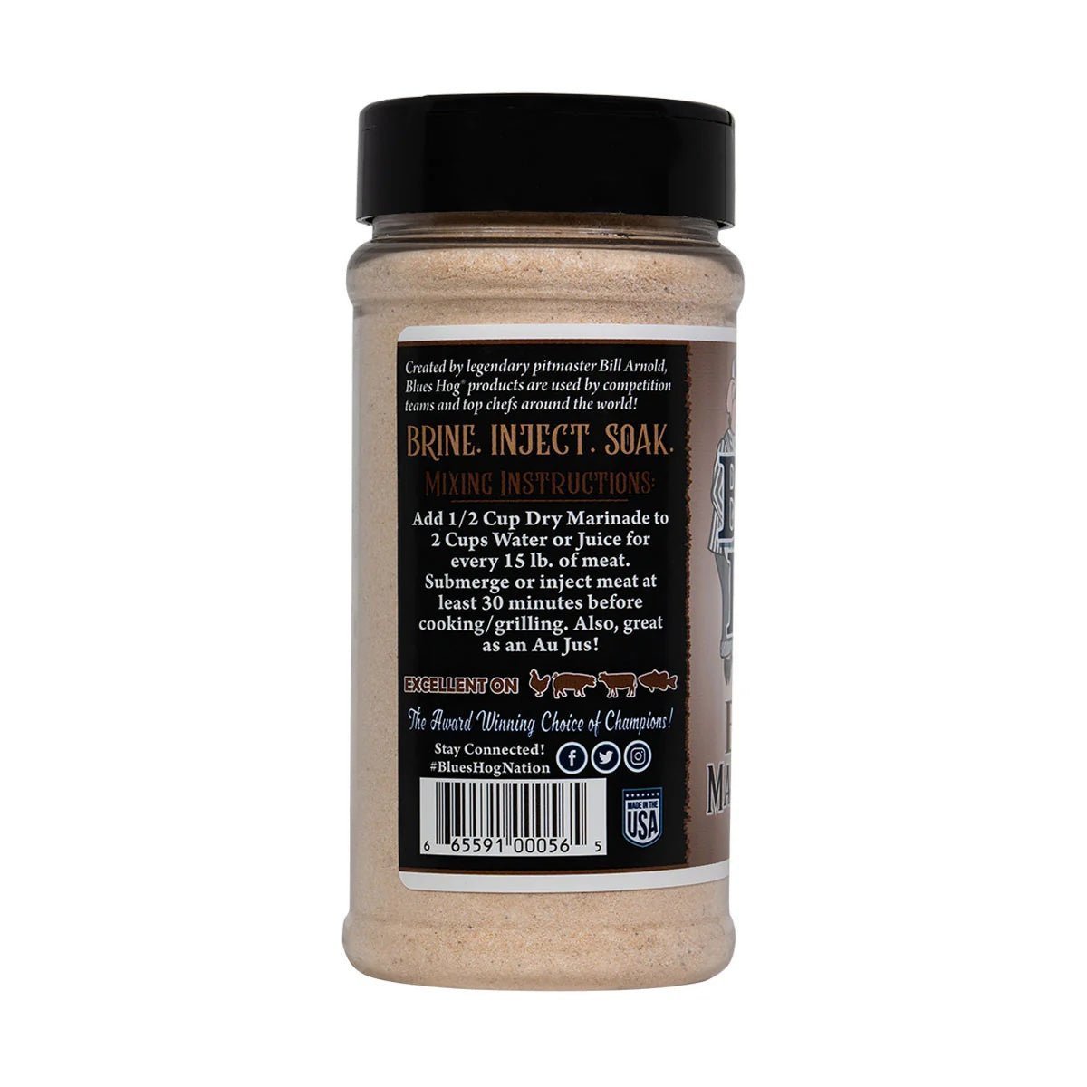 Close-up of Blues Hog Beef Marinade Mix label highlighting organic ingredient icons and hand-crafted branding details