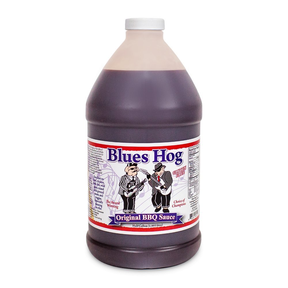 Blues Hog Original BBQ Sauce half-gallon plastic jug with red and white label, rich dark color, for beef, pork, poultry