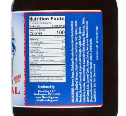 Close-up of Blues Hog Original BBQ Sauce bottle cap and textured label detail on 20oz glass container