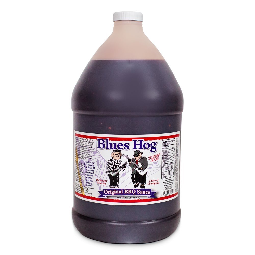 Blues Hog Original BBQ Sauce gallon jug with rich amber color, smooth texture, and label featuring bold blue and white