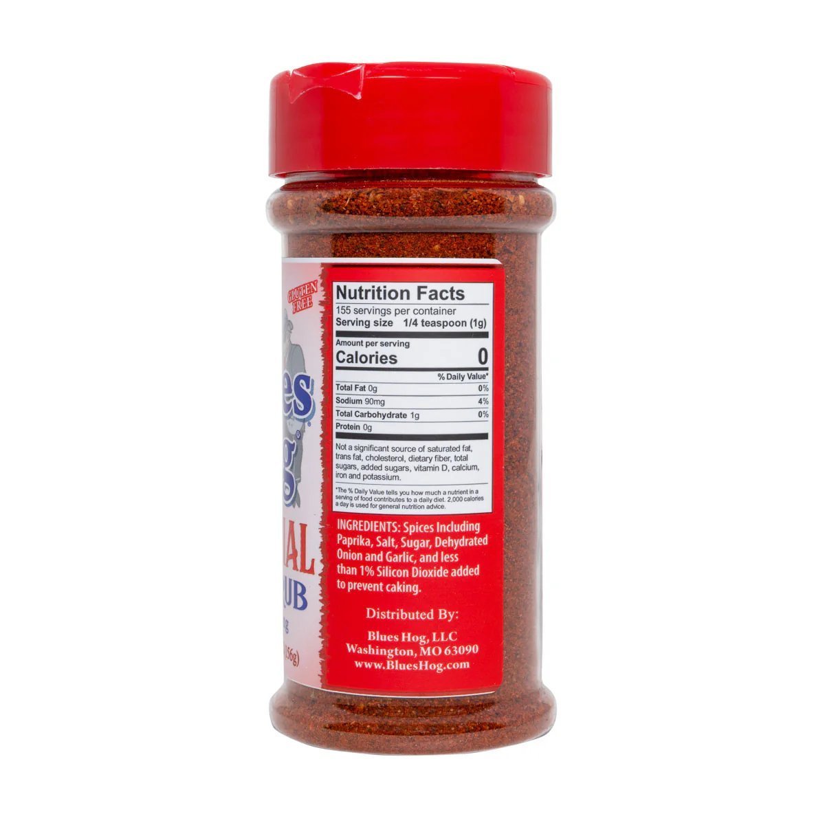 Close-up of Blues Hog Original Dry Rub seasoning's textured, grainy surface and vibrant red color in a clear jar lid shot