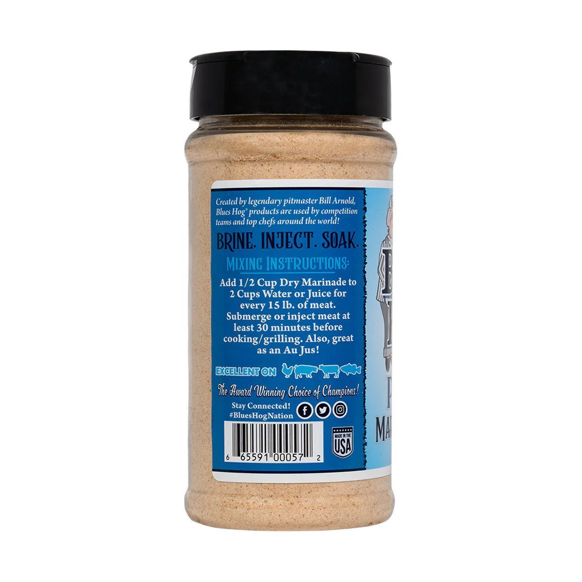 Close-up of the Blues Hog Pork Marinade Mix label highlighting ingredients and 13oz packaging size on the front of the jar