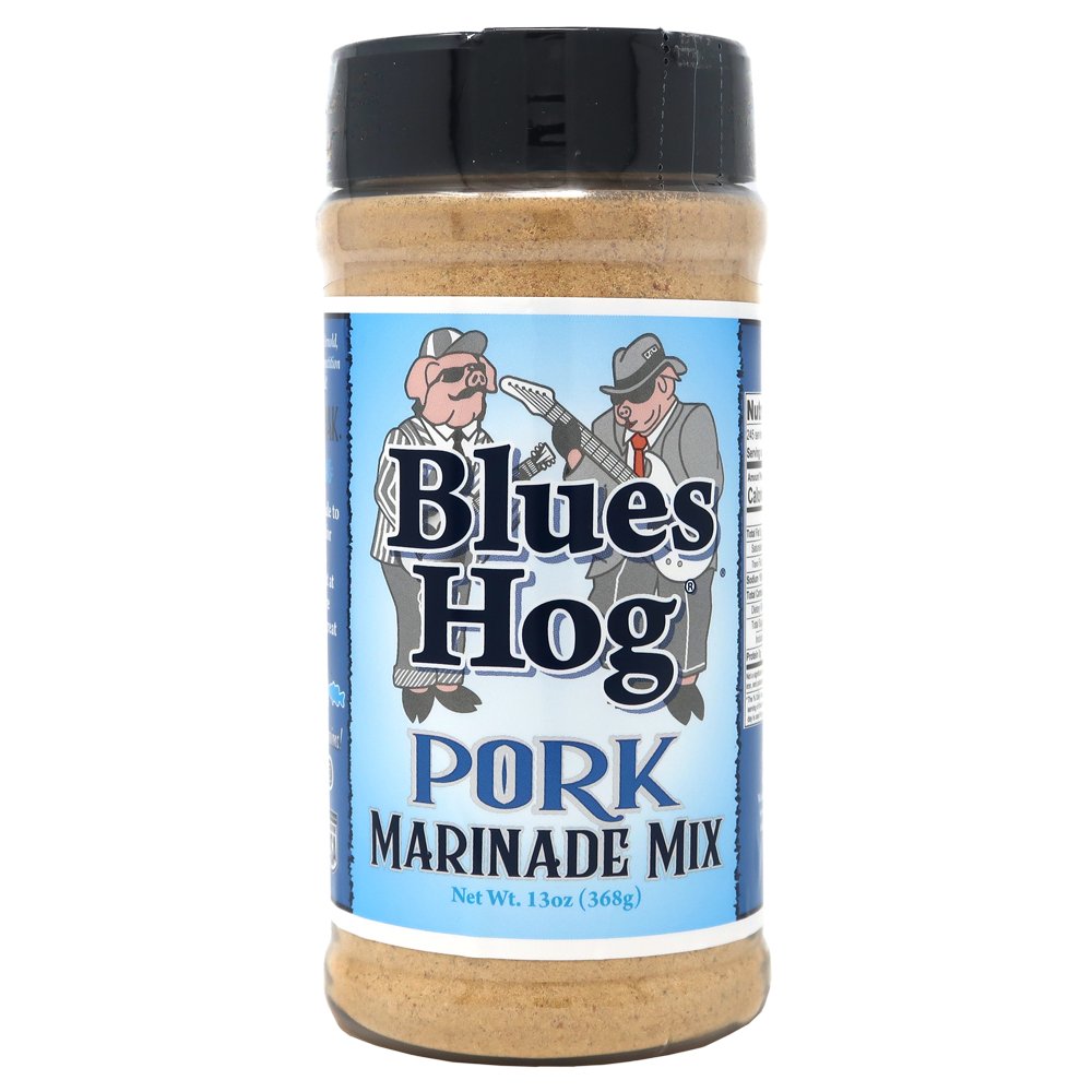 Blues Hog Pork Marinade Mix 13oz jar with textured label and black lid, gluten-free seasoning for meats