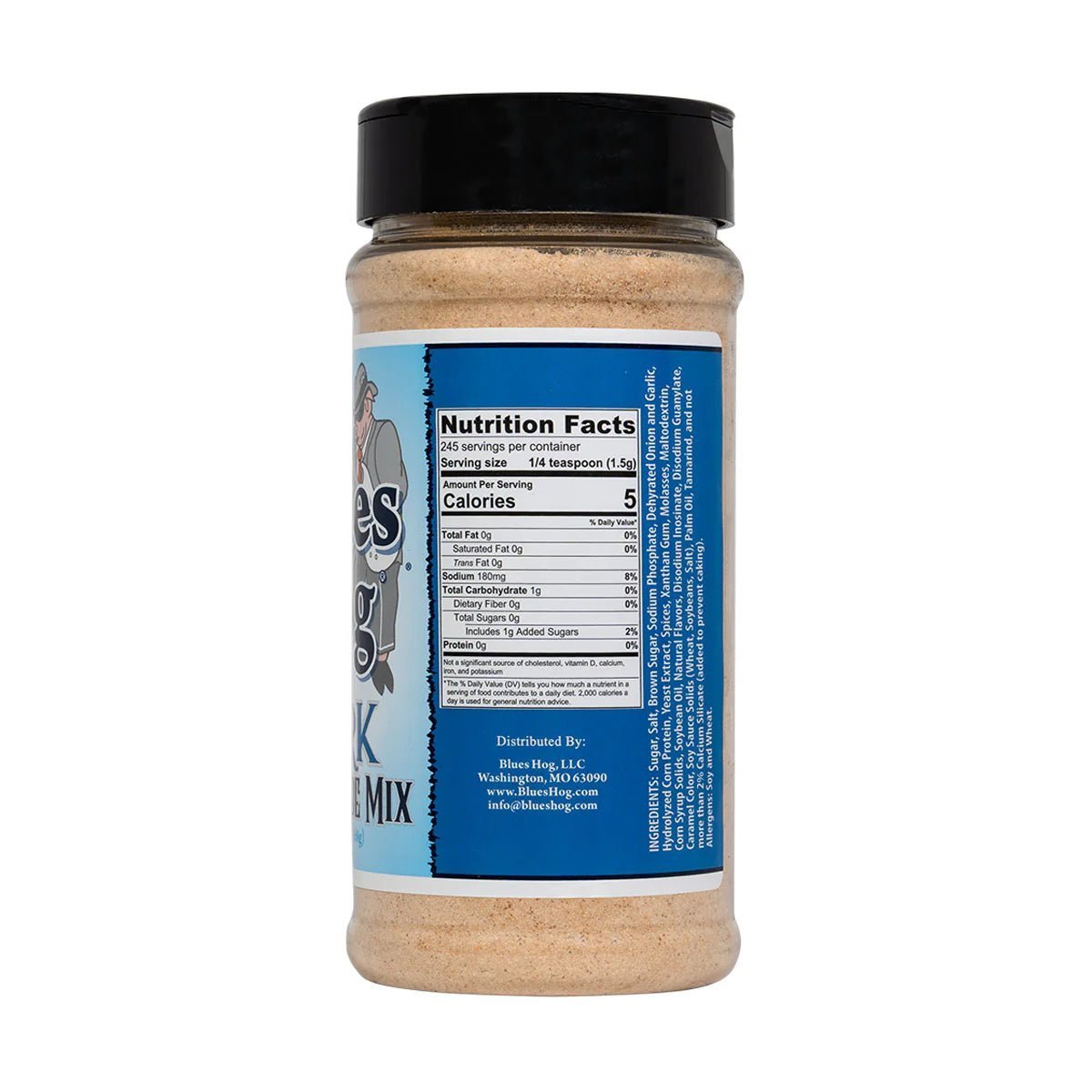 Close-up of Blues Hog Pork Marinade Mix label showing ingredient list and handcrafted design details