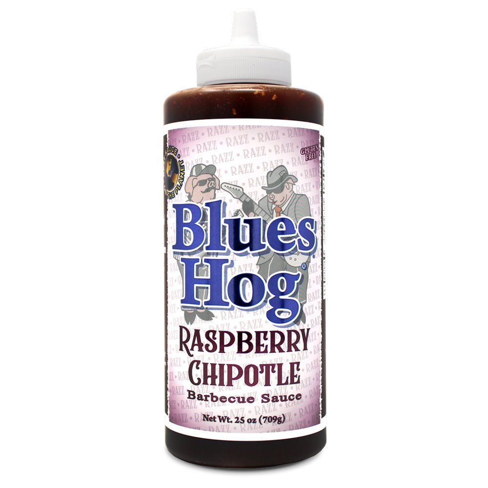 Blues Hog Raspberry Chipotle BBQ Sauce in squeeze bottle with vibrant red and purple hues, showcasing smooth, glossy texture