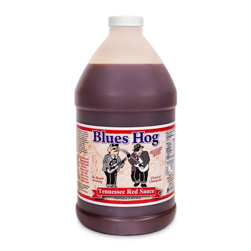 Blues Hog Tennessee Red Sauce 1/2 gallon bottle with vibrant red color, thick texture, ideal for grilling of beef, pork