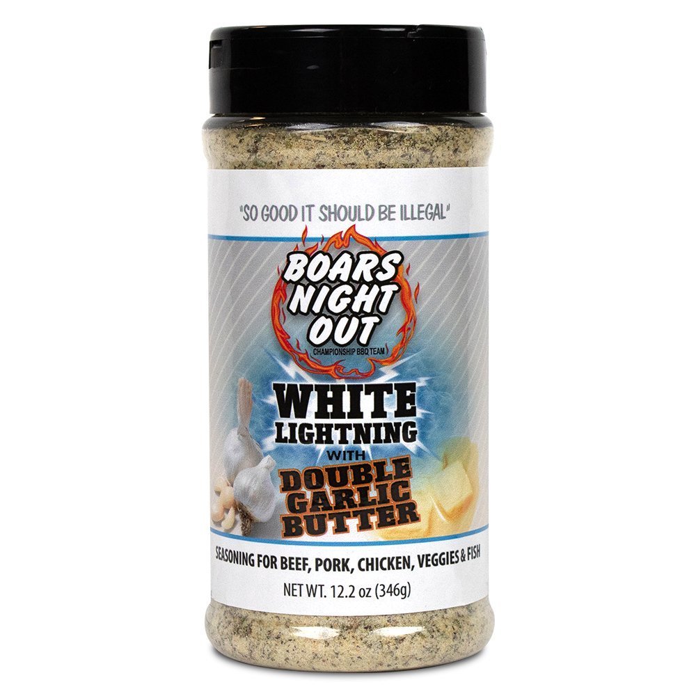 Boars Night Out White Lightning Double Garlic Butter 12.2oz jar with creamy texture and bold garlic flavor for meats and