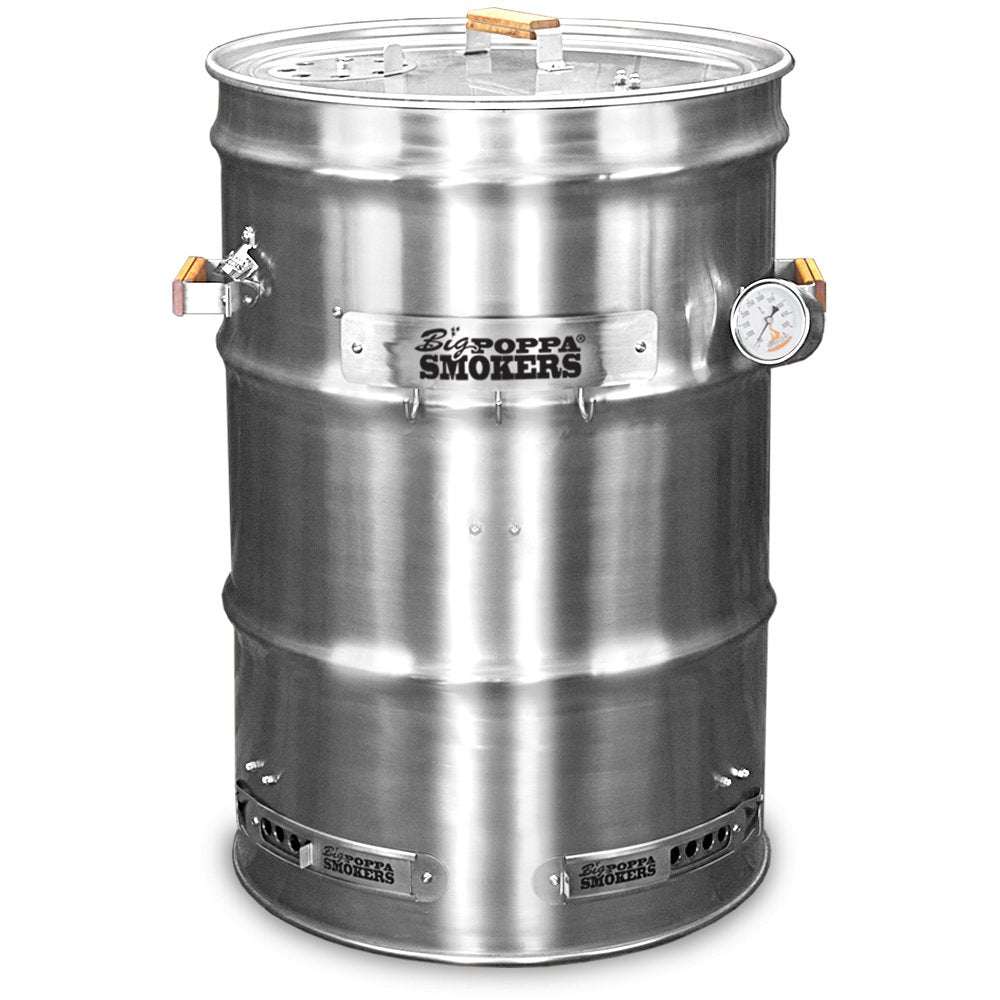 Big Poppa Smokers BPS 90% Assembled stainless steel drum smoker kit with black lid, four air vents, thermometer, and sturdy