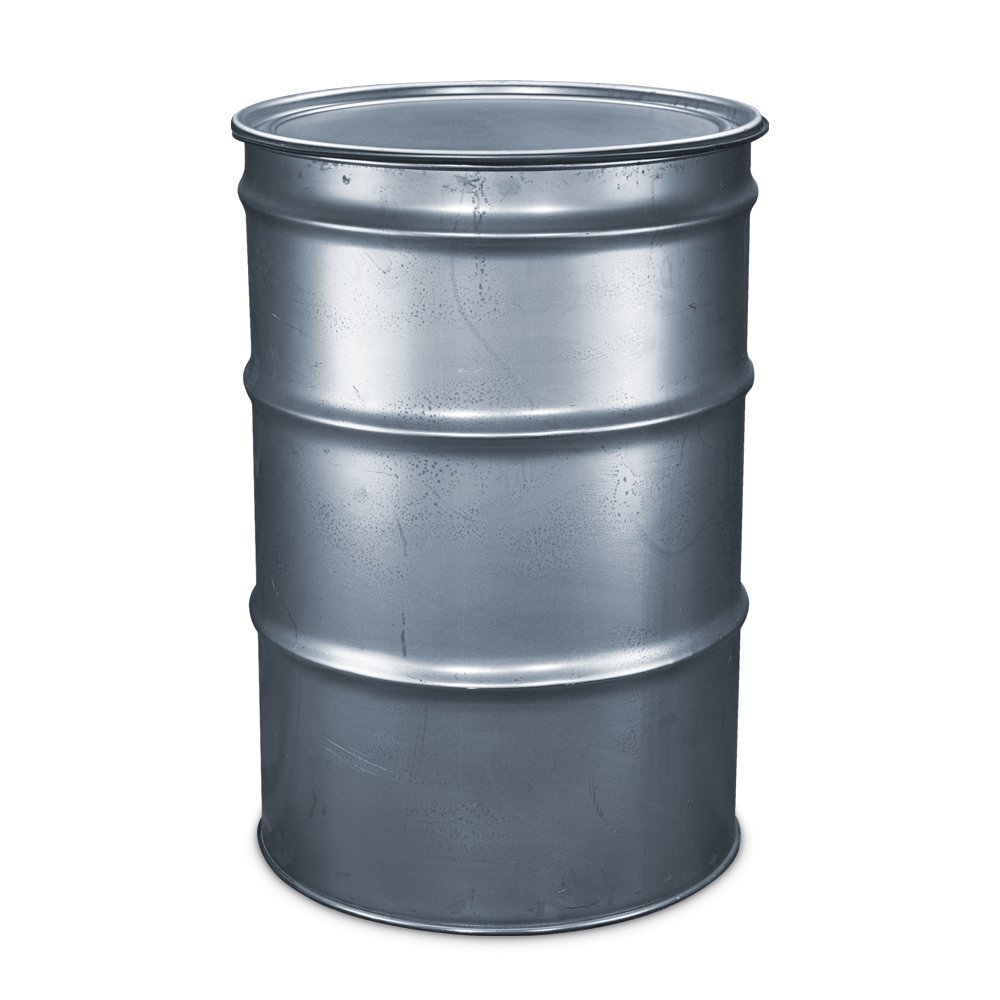 Close-up of the black carbon drum with textured surface and metallic lid latch on the BPS Carbon Drum Smoker Kit