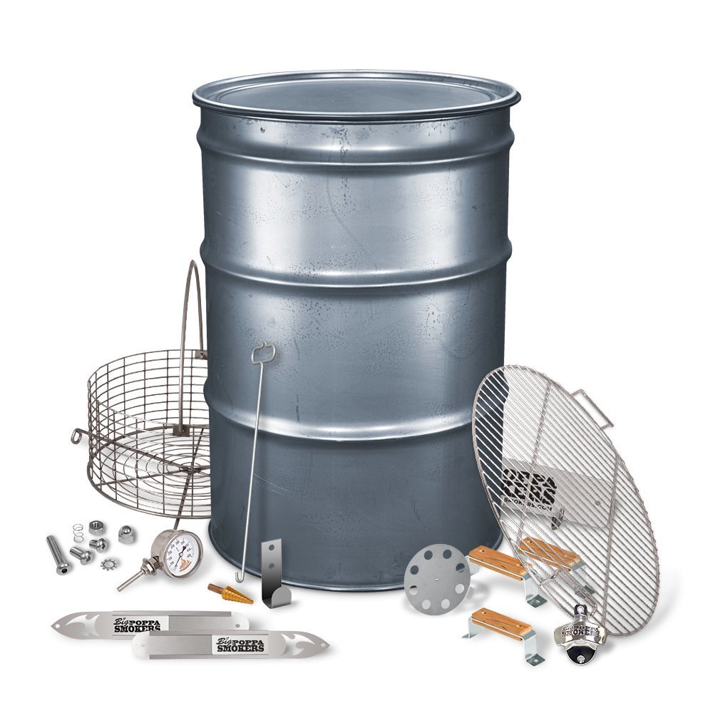 Big Poppa Smokers BPS Carbon Drum Smoker Kit with black carbon steel body, silver vents, and wooden side handles