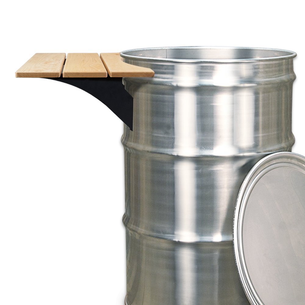 Close-up of the BPS Drum Smoker Side Table’s sturdy metal latch and textured wood surface from a slightly angled perspective