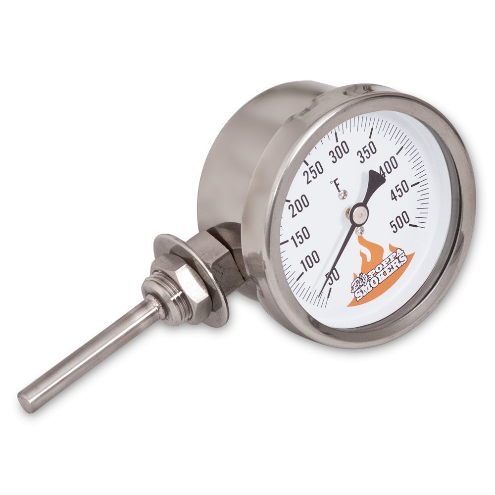 Big Poppa Smokers BPS Drum Smoker Thermometer with stainless steel dial, black plastic bezel, and temperature range from