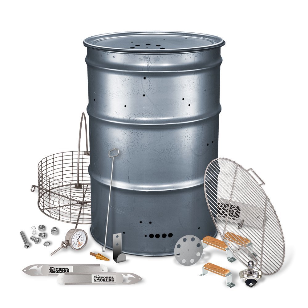 Big Poppa Smokers BPS Pre-Drilled Carbon Drum Smoker Kit with black steel body, vent holes, and included wooden handle