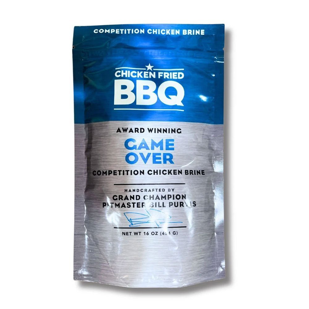 Chicken Fried BBQ Game Over Competition Chicken Brine 16oz bottle with black label, white text, clear plastic container