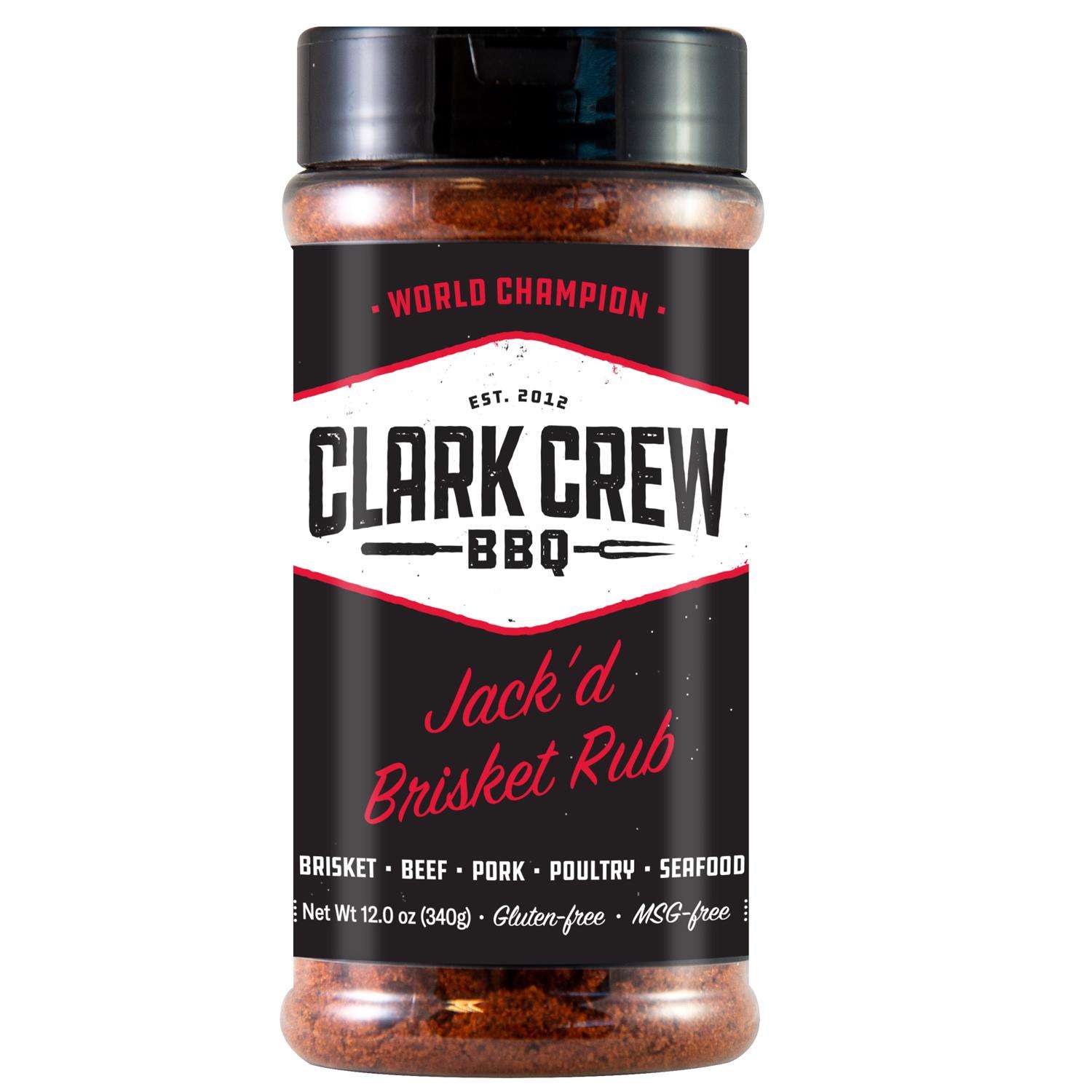 Clark Crew BBQ Jack'd Brisket Rub 12oz jar with organic spices, hand-crafted blend for beef, pork, poultry, and seafood