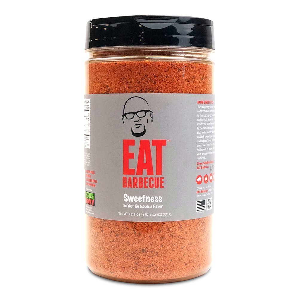 EAT Bbq Sweetness Rub 27.2oz jar with vibrant label, handcrafted blend of organic spices for beef, pork, poultry, and seafood