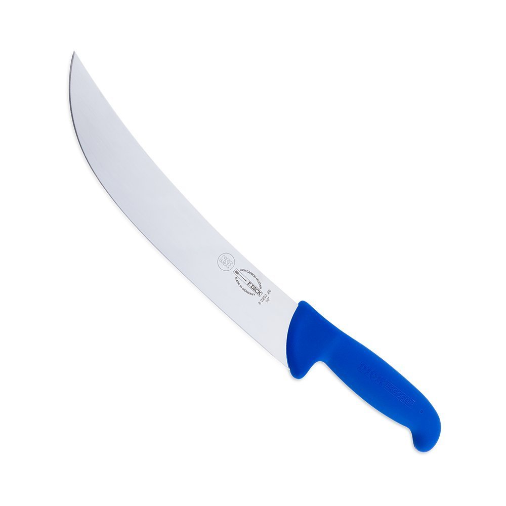F. Dick 10-inch Cimeter Knife with Ergogrip handle, stainless steel blade, textured black handle, precise edge, designed for